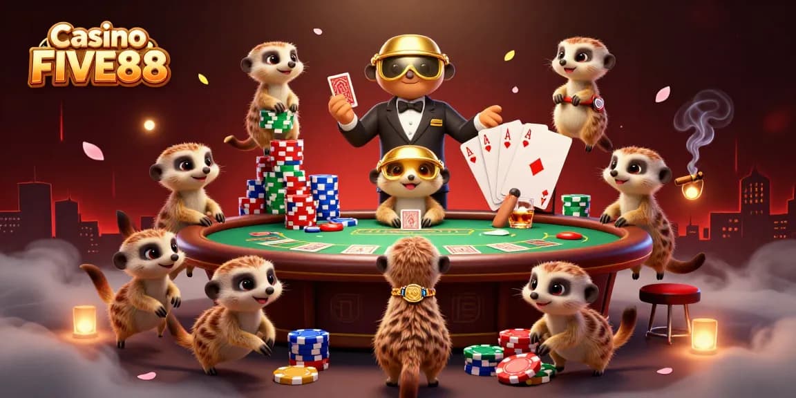 Experience the thrill of the Casino FIVE88 with meerkats in a vibrant casino setting, showcasing poker action and excitement.