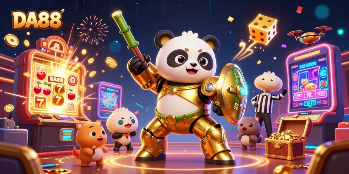 DA88 promotional illustration featuring a golden panda in a mech suit amidst casino excitement and winning symbols.