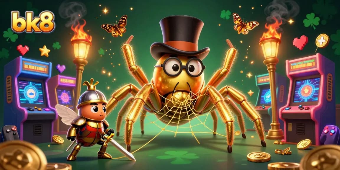 Engage in thrilling online gaming with bk8 featuring a cartoon tarantula and knight amidst casino elements.