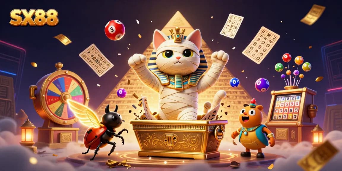 SX88 casino excitement with an Egyptian mummy cat and friends soaring through vibrant gaming elements