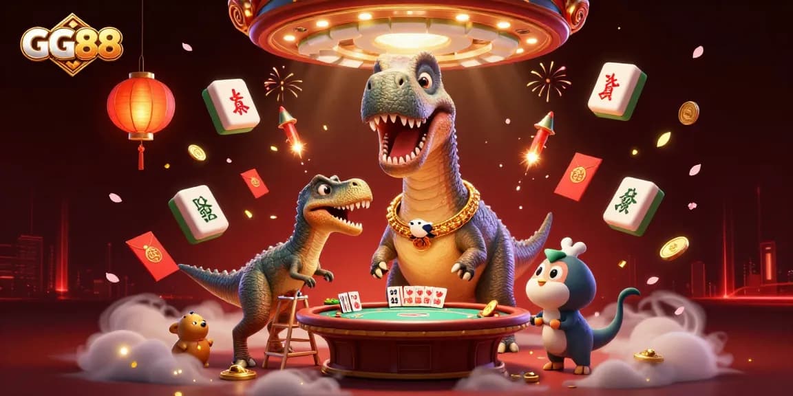 Experience GG88's vibrant casino magic with a cartoon brontosaurus and clever raptor dealer.