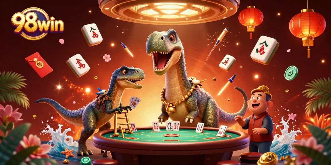Players engage with 98win as vibrant characters and casino elements dominate a lively scene.