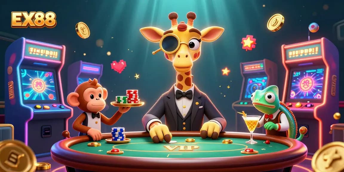 Experience the exciting world of EX88 casino with vibrant characters and game elements in action.