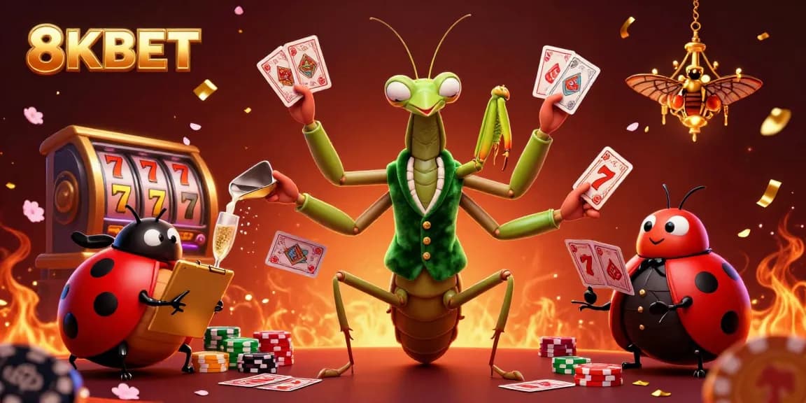 8KBET offers a dynamic online casino experience with slot reels and vibrant characters in a rich 3D scene.