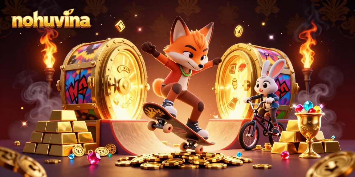 Nohuvina engages players in thrilling casino action with a vibrant illustration of a fox and rabbit in a high-energy scene.