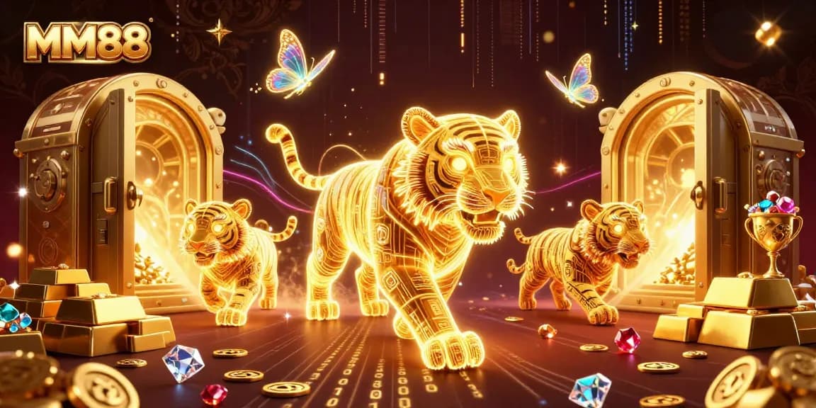 Experience thrilling gameplay at MM88 with a vibrant 3D casino illustration featuring a golden tiger and treasure vault.