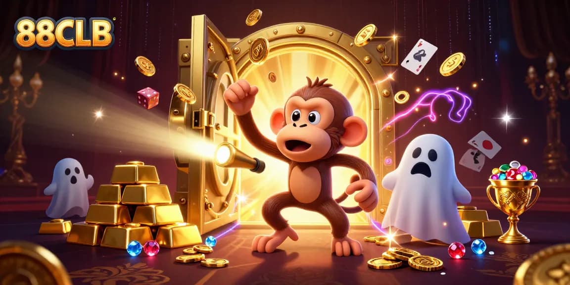 Experience the excitement at 88CLB with vibrant casino-themed illustration featuring a playful ghost monkey.