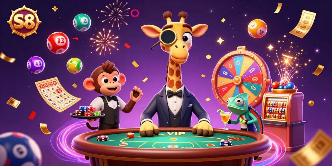 Join the vibrant S8 casino scene featuring a high-roller giraffe and a festive atmosphere