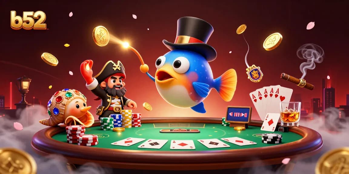 B52club players winning gold coins in a vibrant underwater poker scene with colorful casino elements.