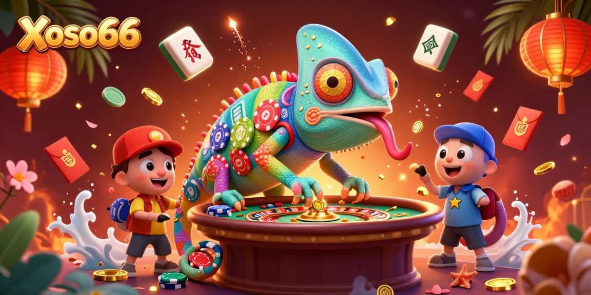 Xoso66 promotes thrilling gaming with a vibrant chameleon casino owner, capturing a dynamic gambling scene.
