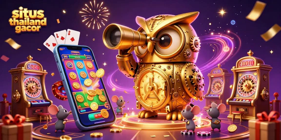 Engage with the situs thailand gacor showcasing a crowded casino scene filled with golden owls and playful mice.