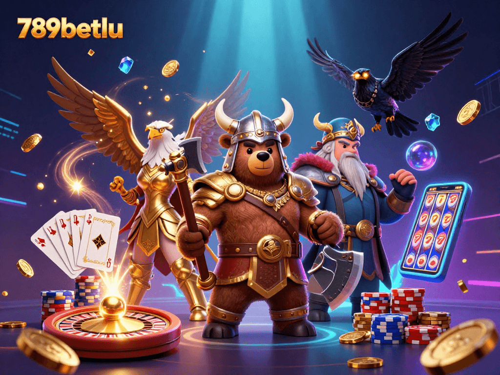 Bet and win big with 789betlu's vibrant casino gaming scene featuring a Viking bear and Valkyrie eagle.