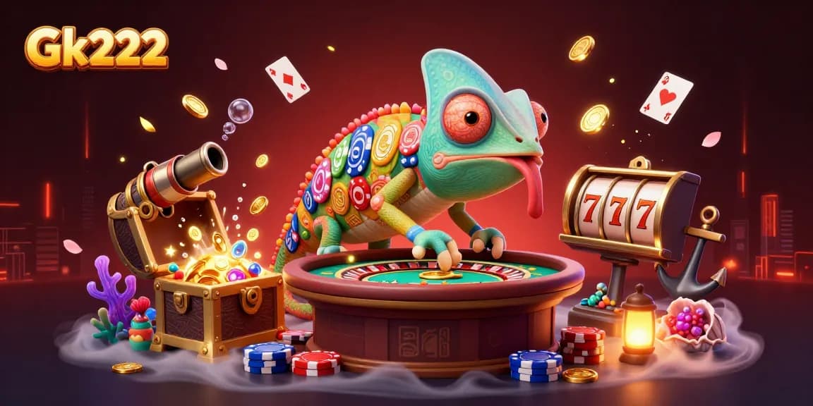Gk222 offers engaging casino gameplay with colorful slots and a dynamic chameleon mascot.
