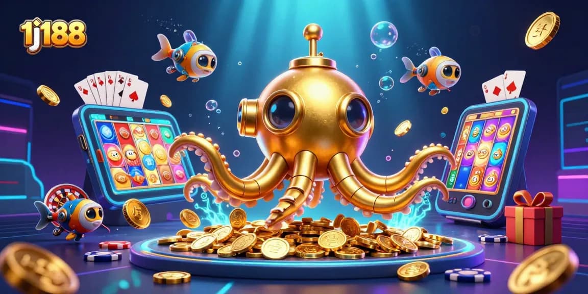 Experience the excitement of 1j188 with a vibrant underwater casino scene featuring a golden kraken and slot games.