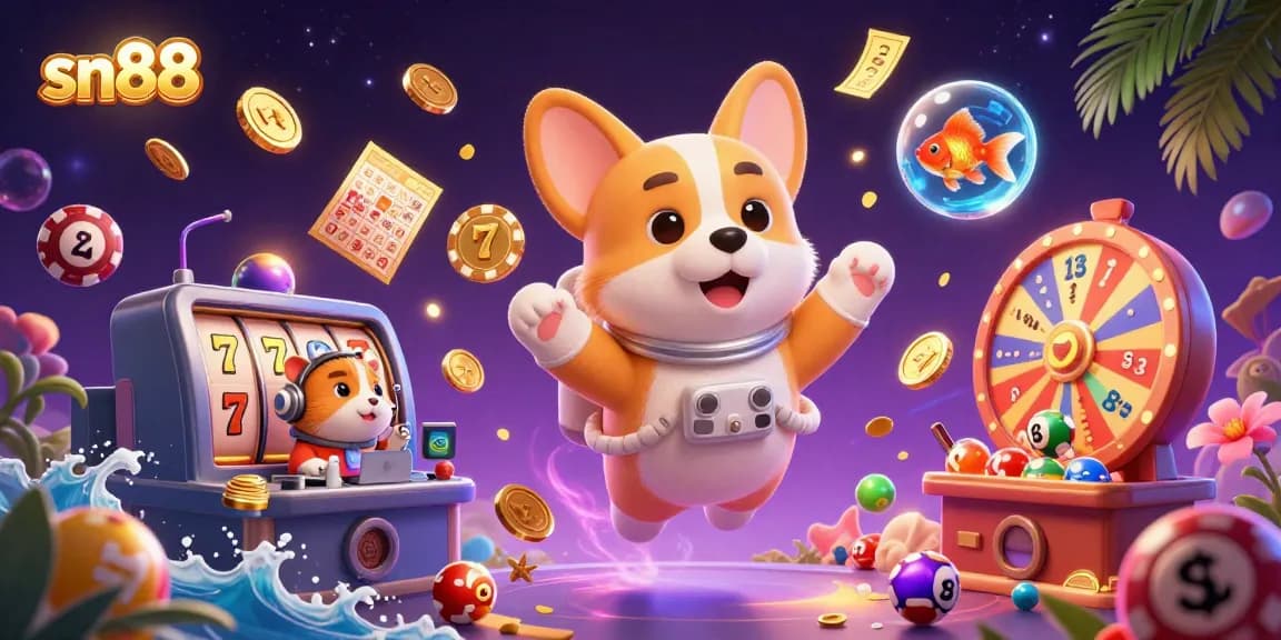 Experience SN88's exciting casino universe, featuring slots and dynamic game elements in a vibrant 3D illustration.