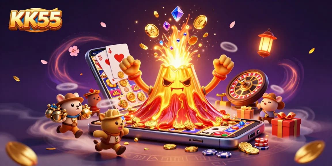 KK55 rewards players with a vibrant eruption of coins and treasures in this dynamic casino scene.
