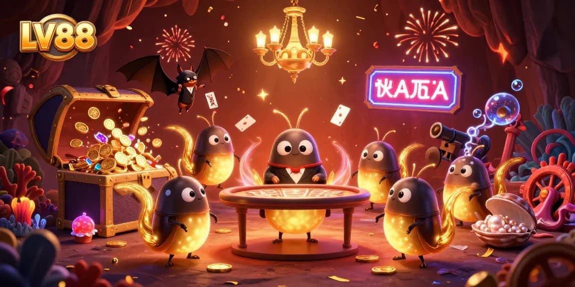 Experience the vibrant LV88 casino with glowworms illuminating the gaming scene amidst treasure and underwater adventures.