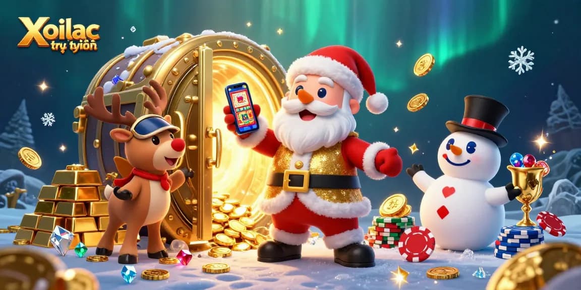 Experience Xoilac trực tuyến with festive gaming fun and vibrant casino elements in this exciting illustration.