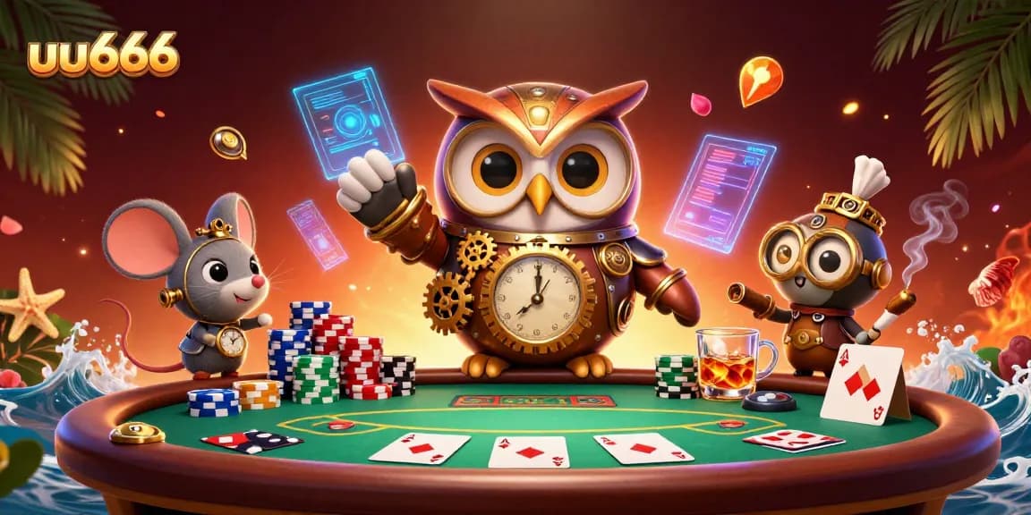 Experience thrilling gameplay with uu666 as a steampunk owl and clockwork mouse navigate a vibrant casino scene.