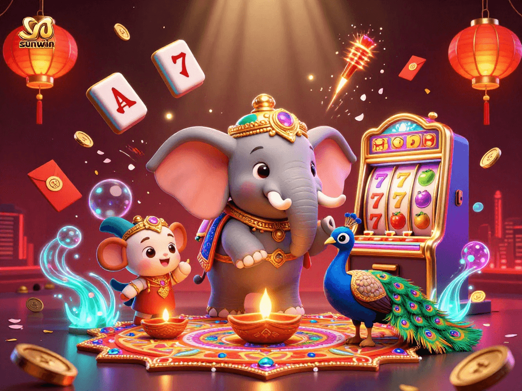 Engage with sunwin's vibrant slot experience showcasing an elephant and peacock with festive decorations.