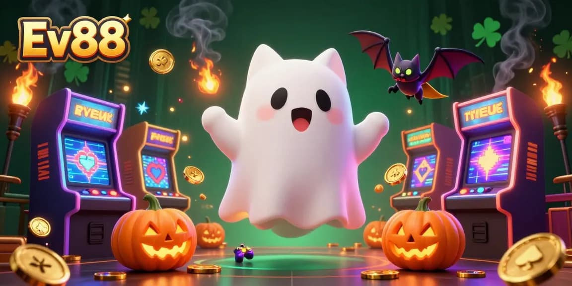 Experience thrilling gameplay with Ev88 in an ultra-detailed haunted casino scene filled with vibrant characters and dynamic elements.