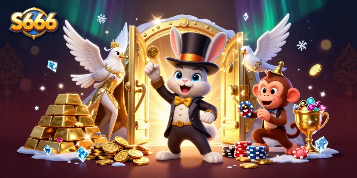 Experience exciting games as S666's magician rabbit conjures coins amidst dazzling gems and treasures.