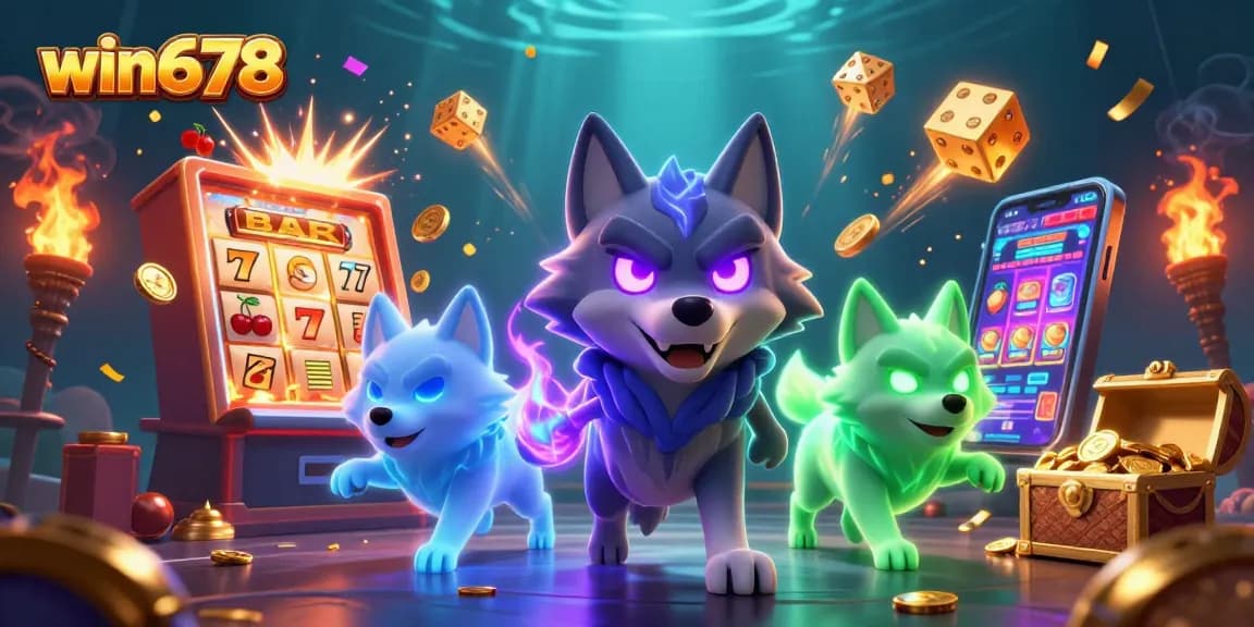 win678 offers thrilling casino experiences with immersive 3D illustrations featuring wolves, slot machines, and game elements.