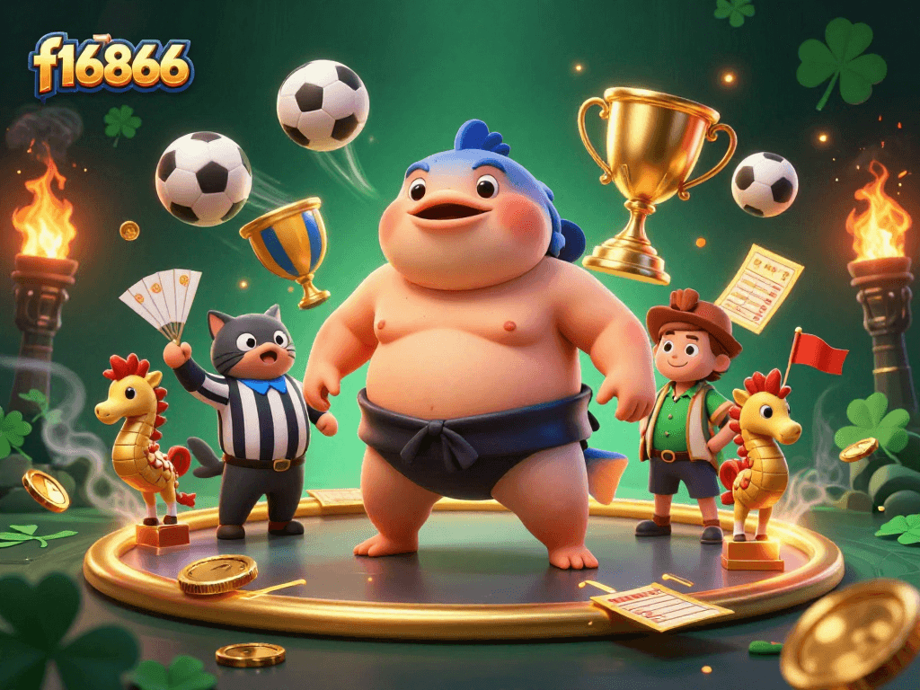 Experience the excitement of f16866 casino gaming with a dynamic underwater scene featuring a blowfish sumo and seahorse spectators.