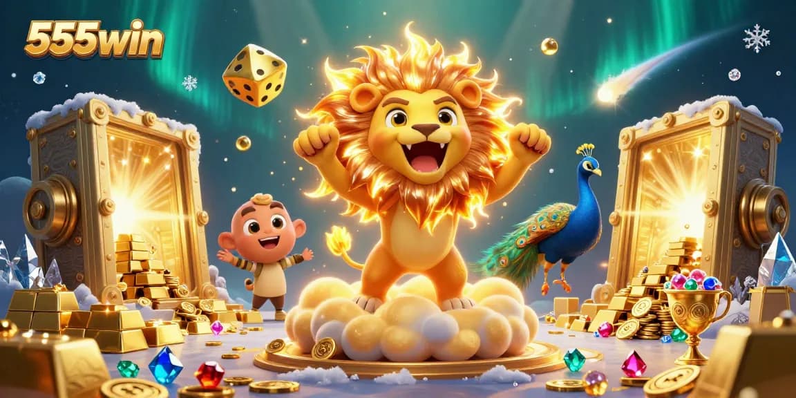 Experience thrilling wins with 555win's vibrant gaming universe featuring lion and treasure elements.