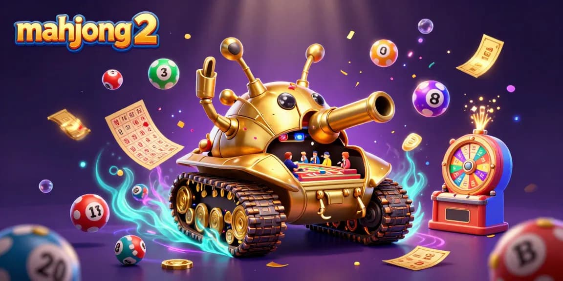 Play mahjong 2 in a vibrant casino scene filled with colorful lottery balls and golden tickets.