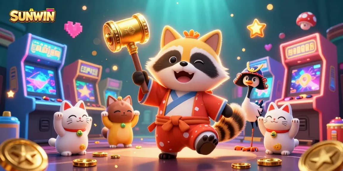 SUNWIN reimagines casino experiences with a cheerful raccoon and colorful maneki-neko amidst vibrant game elements.