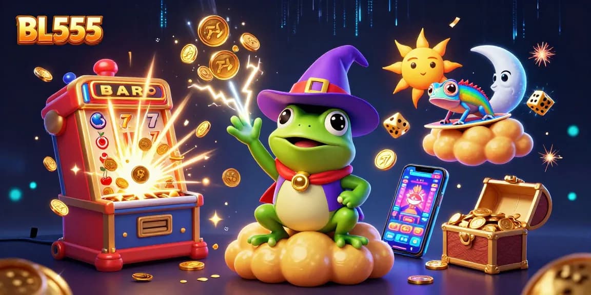Experience thrilling gameplay with BL555 at a vibrant online casino featuring exciting slots and animated characters.