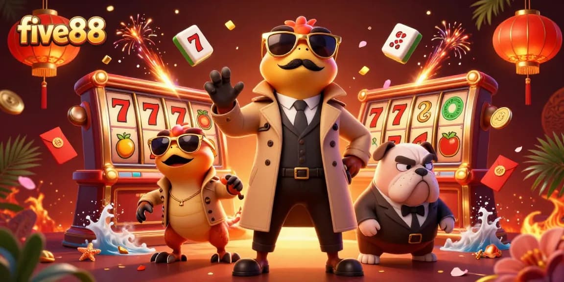 Experience excitement at five88 with vibrant casino elements and playful characters in action.