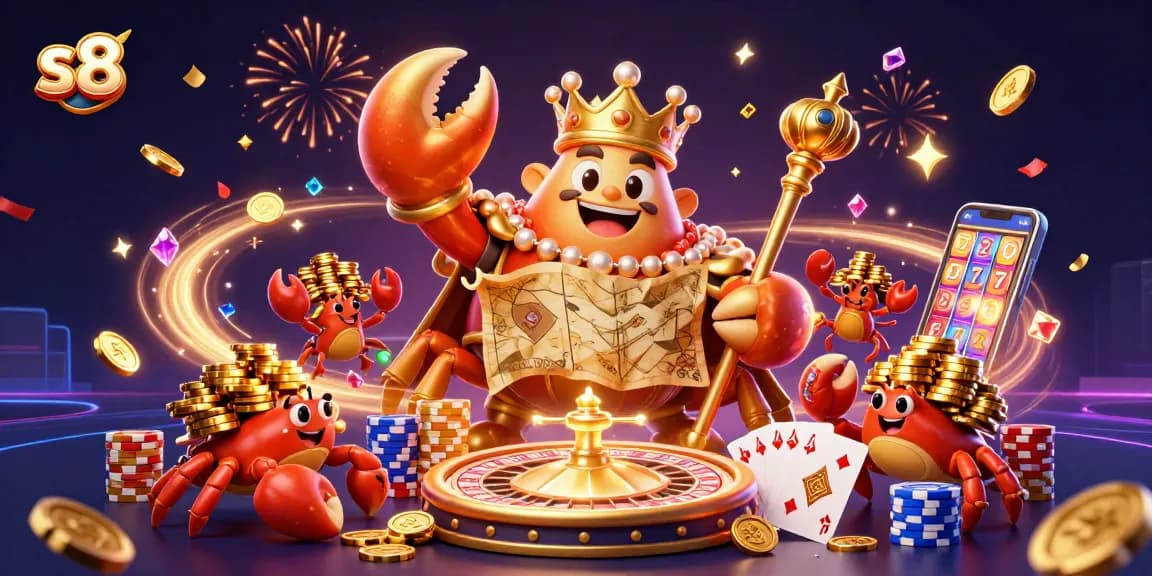 S8 unveils a vibrant illustration of a golden crab emperor amidst shimmering coins and gaming elements.