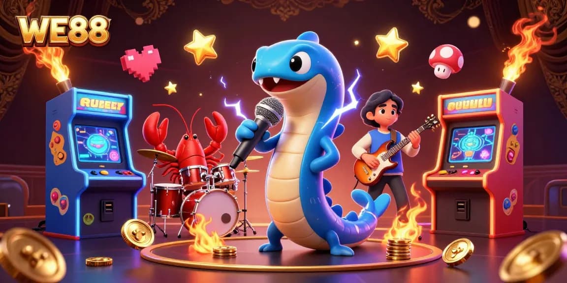 WE88 promotes excitement and strategy in an underwater casino scene featuring vibrant characters and gaming elements.
