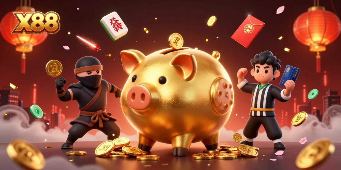 X88 showcases a lively scene of golden piggy bank sumo wrestler, wallet-ninja, and credit-card samurai amidst casino-themed elements, promoting excitement