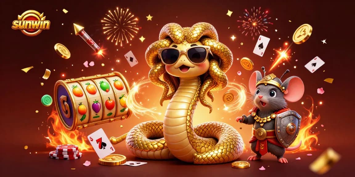 Spin and win with sunwin at this vibrant casino illustration featuring Medusa, slot reels, and confetti.