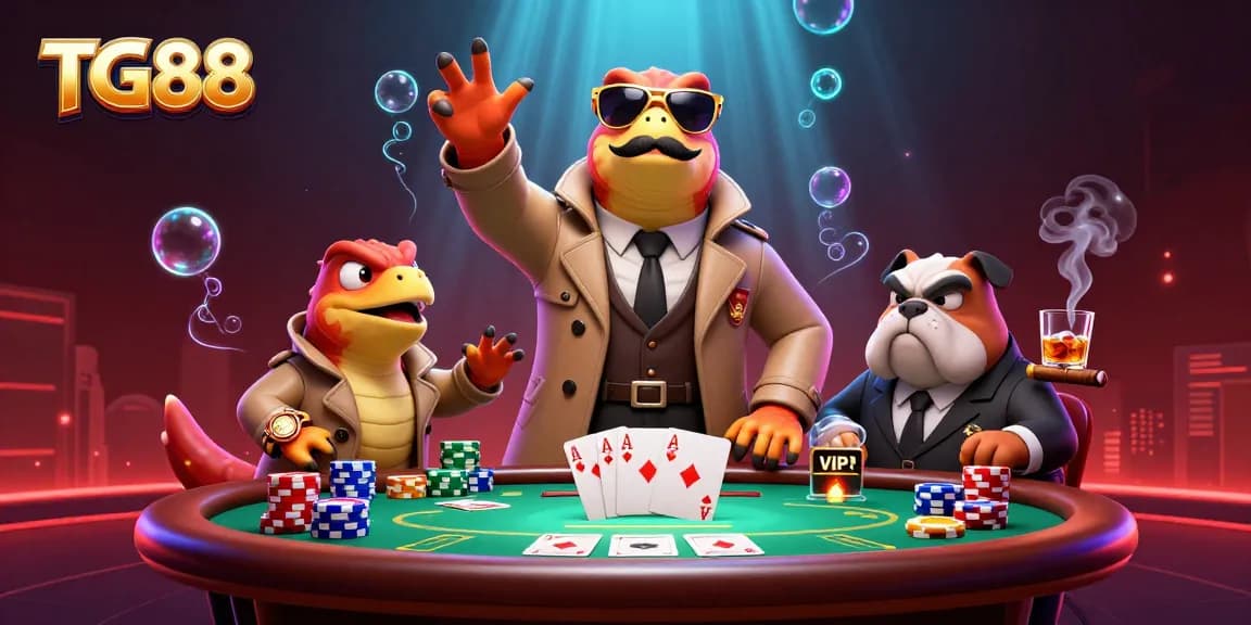 Embrace the excitement at TG88 casino with 3D cartoon raptors trying to enter a VIP lounge filled with poker elements.