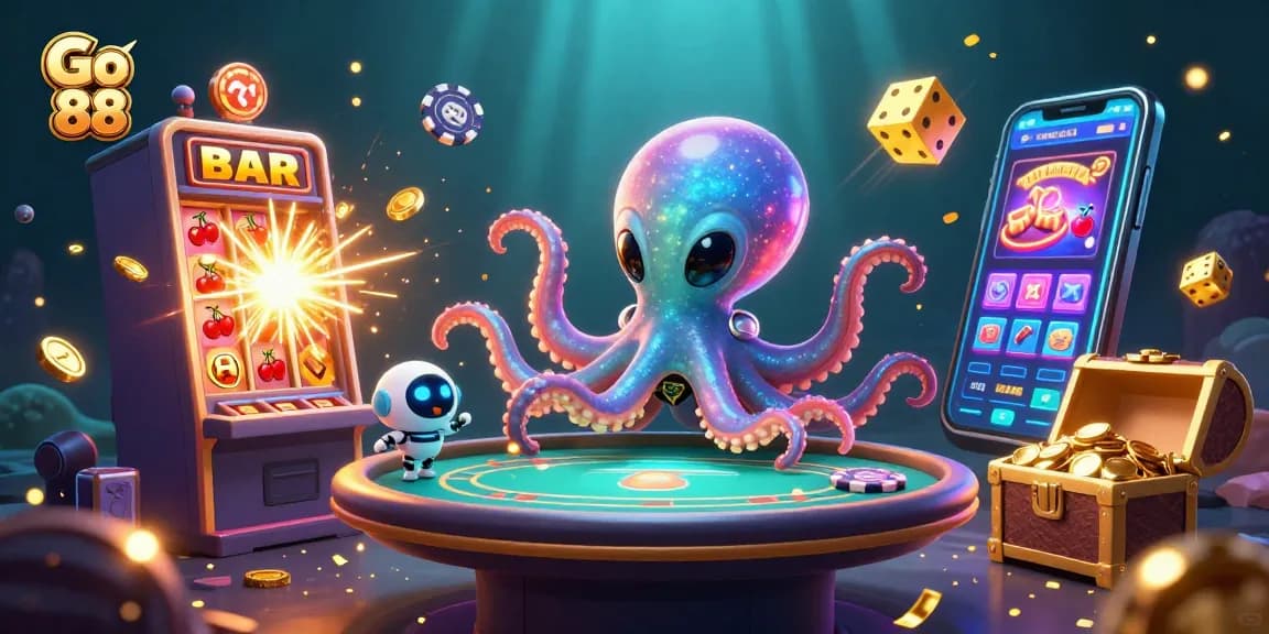 Engage with Go 88 in a vibrant casino galaxy, featuring slot machines and alien themes.