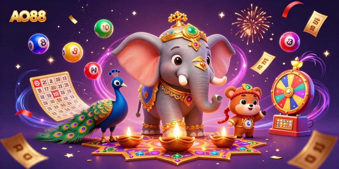 Engage with AO88's vibrant casino world featuring dynamic lottery elements and festive characters.