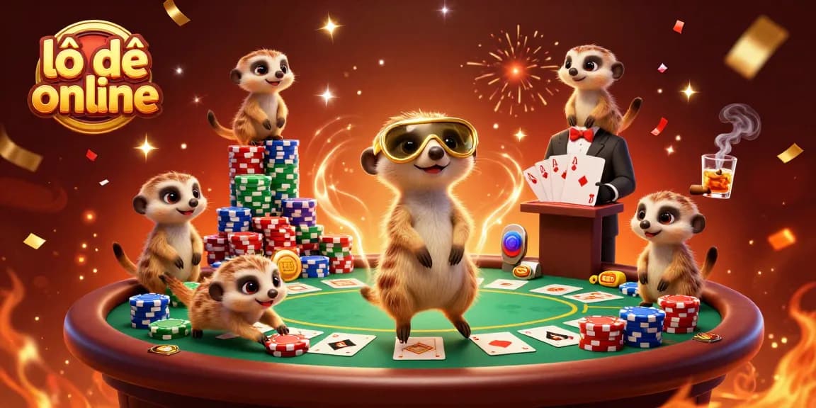 Engage with lô đề online excitement as meerkats run a vibrant casino operation filled with colorful chips and cards.