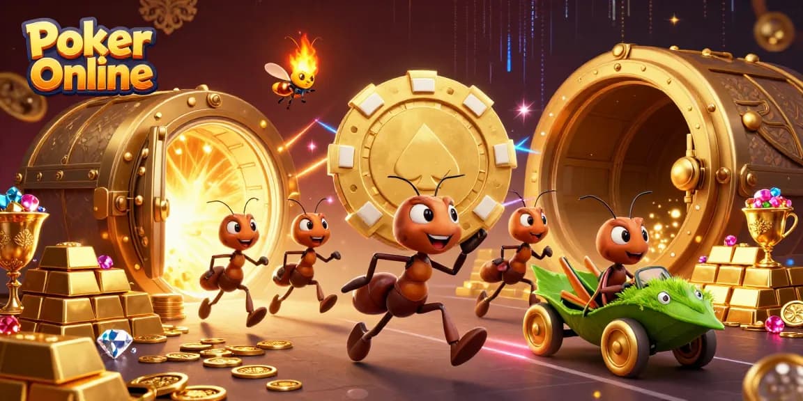 Experience the thrill of Poker Online with this vivid heist scene featuring playful cartoon ants.