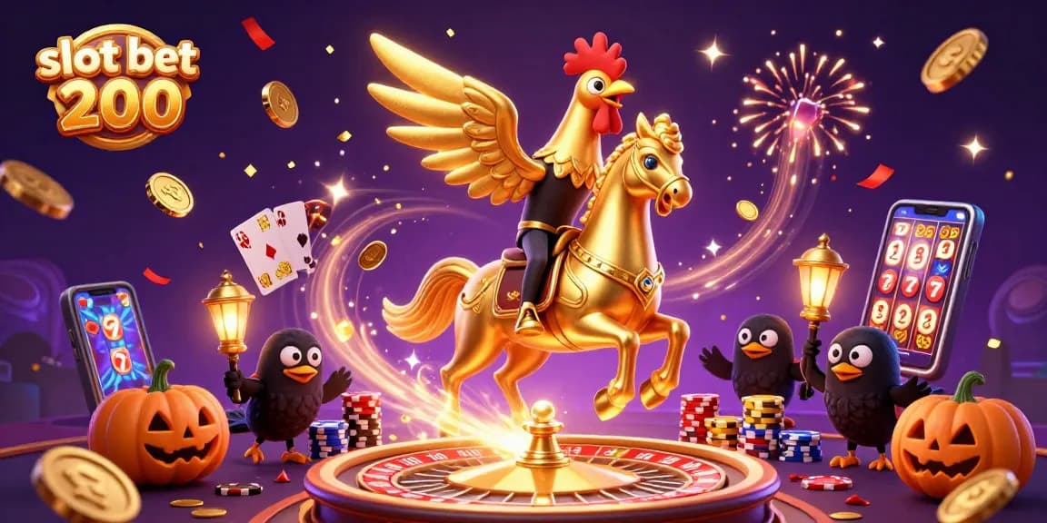 Mainkan slot bet 200 dengan suasana kasino malam yang ramai dikelilingi oleh koin emas dan lampion.