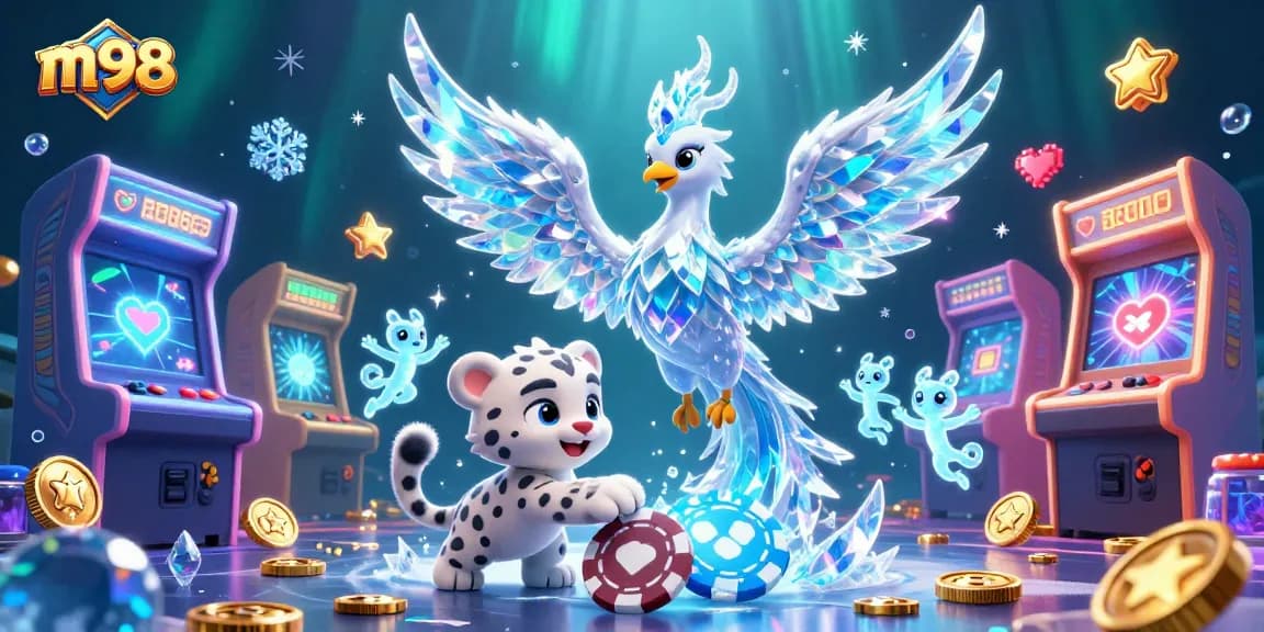 Play the exciting m98 casino with vibrant visuals of an ice phoenix and gaming elements.