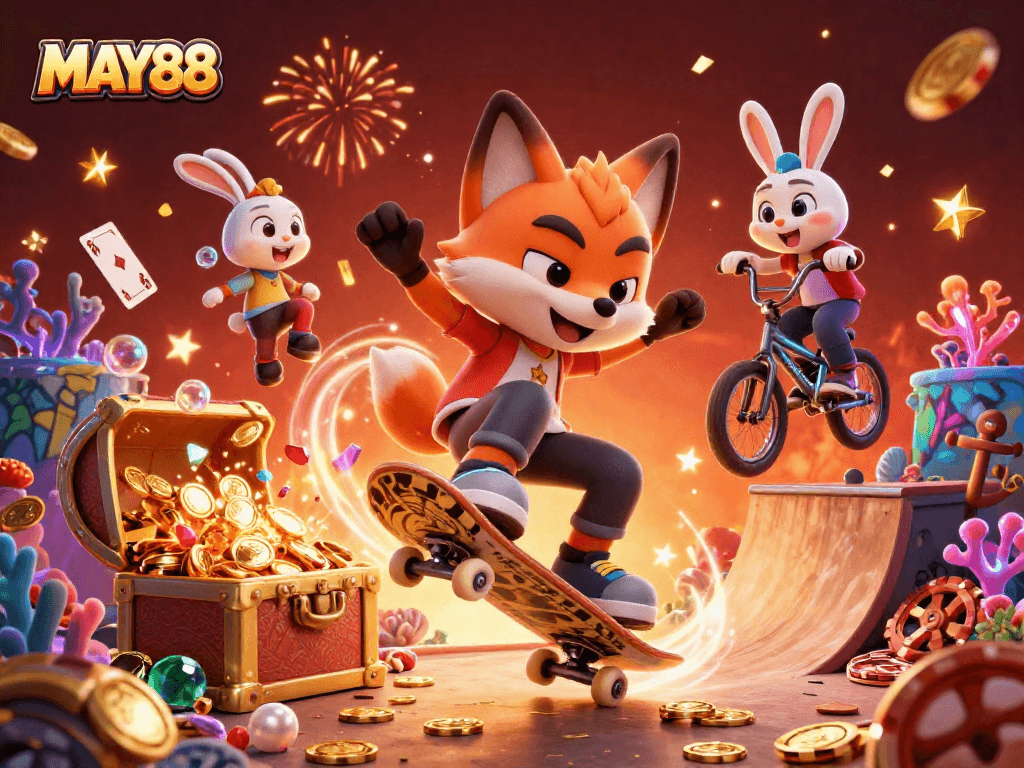 MAY88 showcases a dynamic casino scene with a skateboarder fox and BMX rabbit amidst confetti celebration.