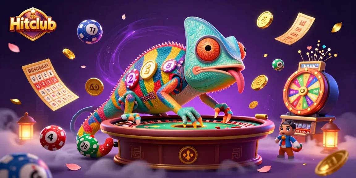 Hitclub embraces vibrant gaming excitement with a colorful cartoon chameleon casino owner catching gold coins.