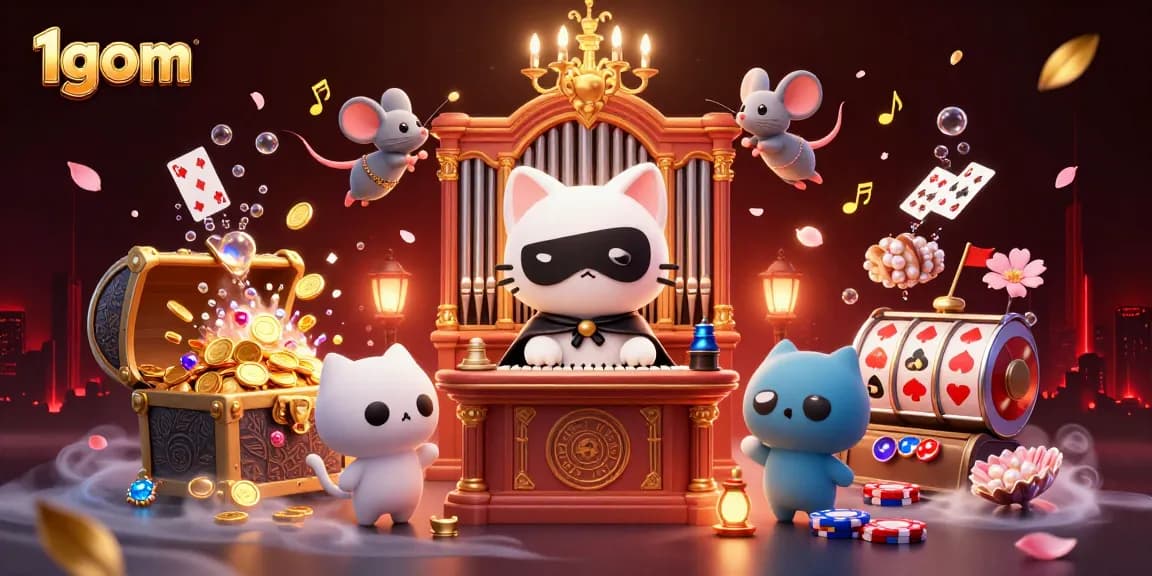 Engage with 1gom's dynamic gambling scene featuring a phantom cat at a casino organ, mouse acrobat, and floating playing cards.