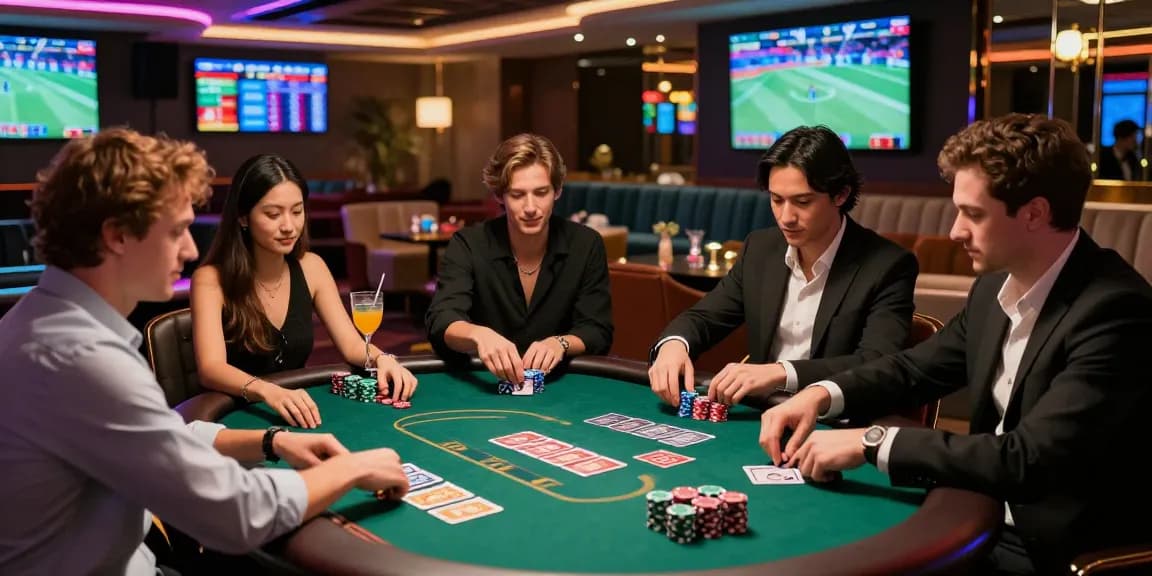 Friends enjoying a thrilling night of gambling with rokok88 at a modern casino lounge
