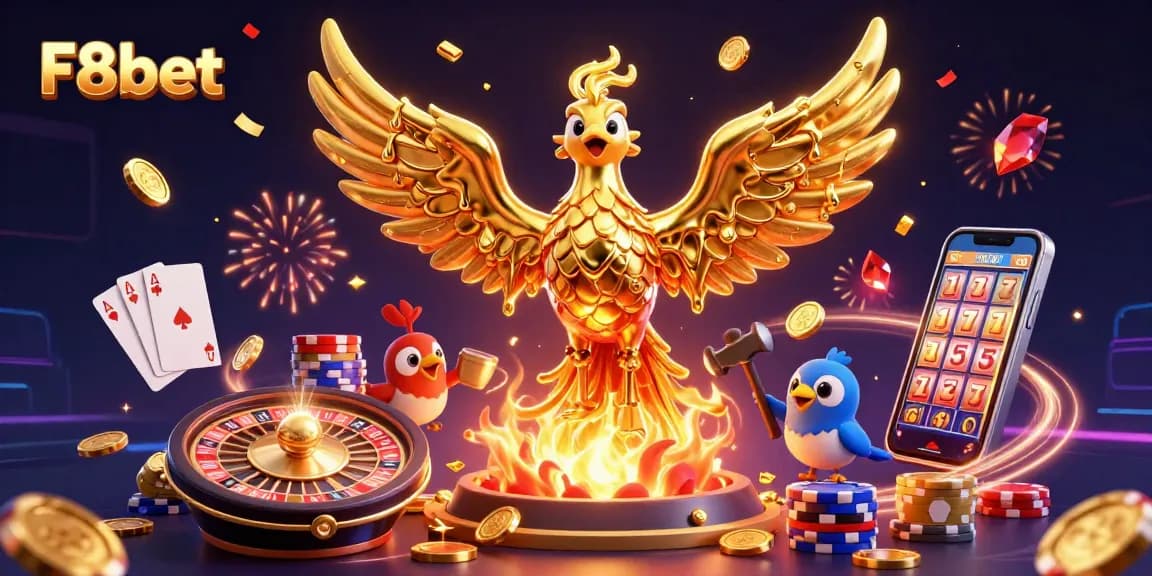 Experience the thrill of F8bet with a golden phoenix and casino elements in a vibrant 3D scene.