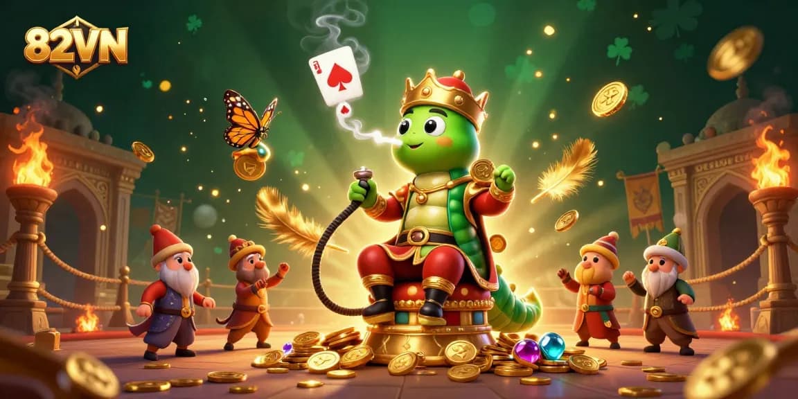 Join 82VN for thrilling casino action featuring a caterpillar hookah-master and poker-themed visuals.